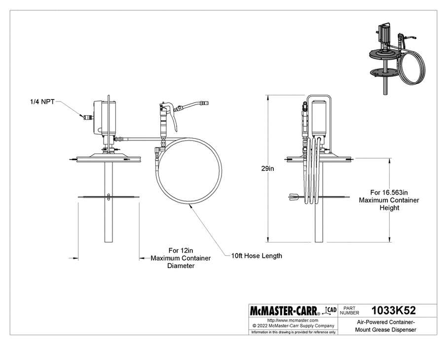 McMaster 1033K52 Air-Powered Container-Mount Grease Dispenser for 35 lbs. Pail, with Standard Gun