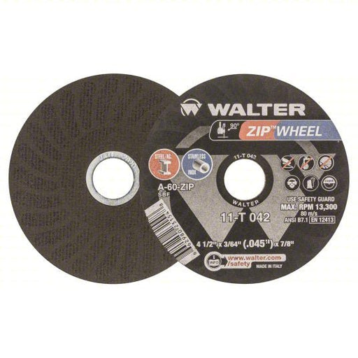 Walter 11T042 Abrasive Cut - Off Wheel Type 1, 4 1/2 in x 3/64 in x 7/8 in, Aluminum Oxide, 60 Grit, ZIPCUT PK25 - KVM Tools Inc.KV32WL13