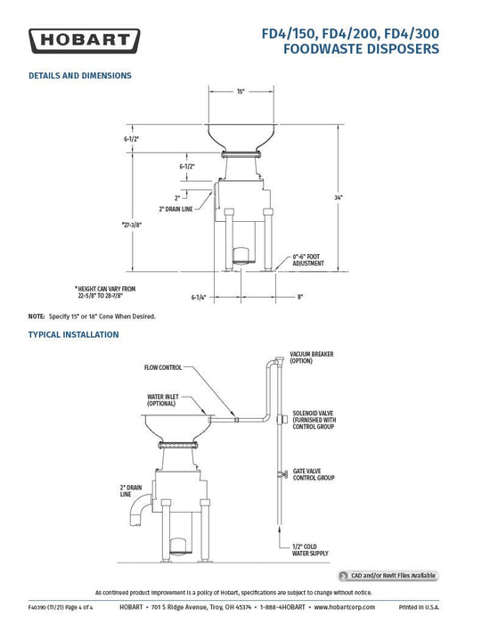 Hobart FD4/150+BUILDUP Disposer Basic Unit Only 1 - 1/2 HP - KVM Tools Inc.KVFD4/150+BUILDUP