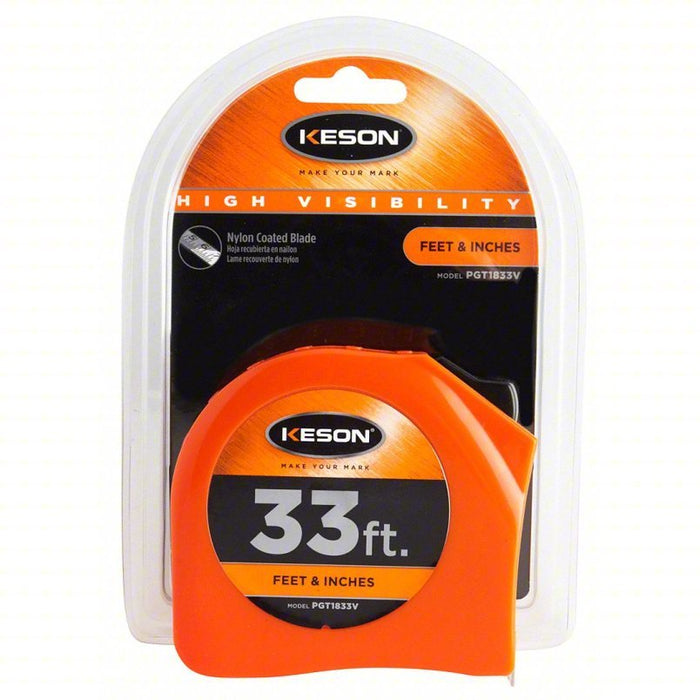 Keson PGT1833V Tape Measure Inch, Nonmagnetic Single Hook Tip, Plastic, 33 ft, 8 ft Standout Lg, Std Blade - KVM Tools Inc.KV22N892