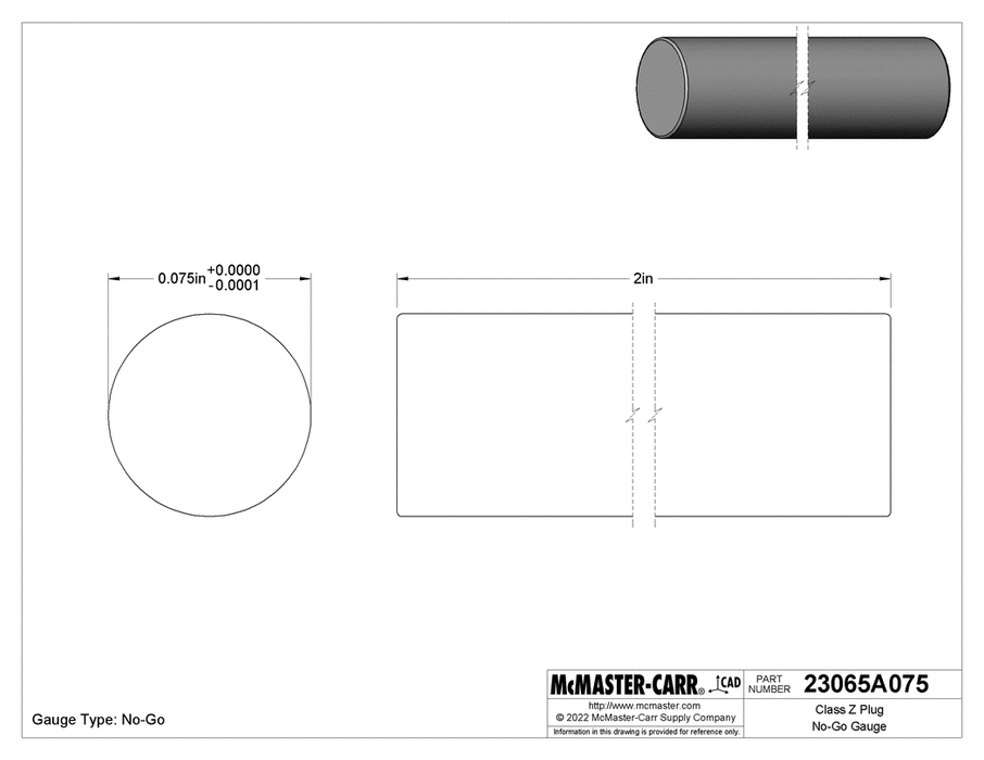 McMaster 23065A674 Plug Gauge Size 0.0750 in, Class Z Plug No-Go Gauge