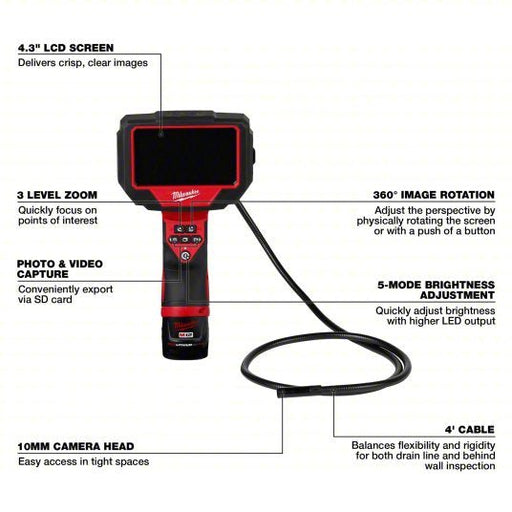 Milwaukee 2323 - 21 Inspection Camera 480 x 272, 4 ft Shaft Lg, 0.32 in Shaft Dia, 10 mm Camera Dia, Fixed - KVM Tools Inc.KV801NK8