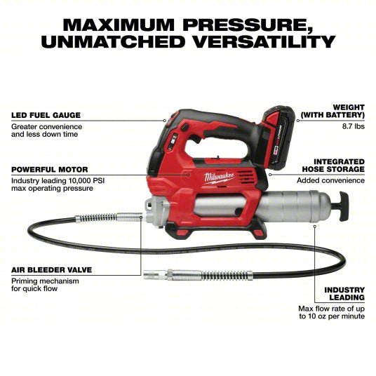 Milwaukee 2646 - 21CT Cordless Grease Gun 18 V Battery Volt, Battery Included, 10 fl oz Volume Per Min., Li - Ion - KVM Tools Inc.KV45L187