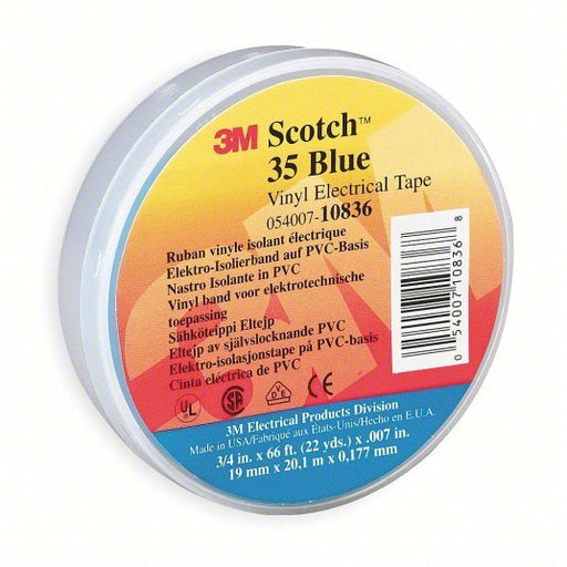 3M 10836 Vinyl Electrical Tape, 35, Scotch, 3/4 in W x 66 ft L, 7 mil thick, Blue, 1 Pack - KVM Tools Inc.KV2A230