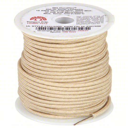 Tempco LDWR-1012 High Temp Lead Wire 16 AWG Wire Size, Natural, 100 ft Lg, MG - KVM Tools Inc.KV2KE37