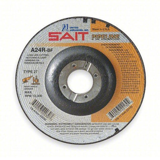 SAIT 22055 Cut - Off & Grinding Wheel Type 27, 7" x 1/8" x 7/8", Aluminum Oxide, 24 Grit, A24R Pipeline - KVM Tools Inc.KV2KMJ8