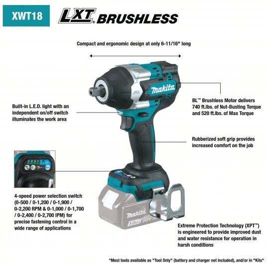 Makita XWT18XVZ Compact Impact Wrench 1/2 in Square Drive Size, 520 ft - lb Fastening Torque, Brushless Motor, 18 V - KVM Tools Inc.KV379EM4