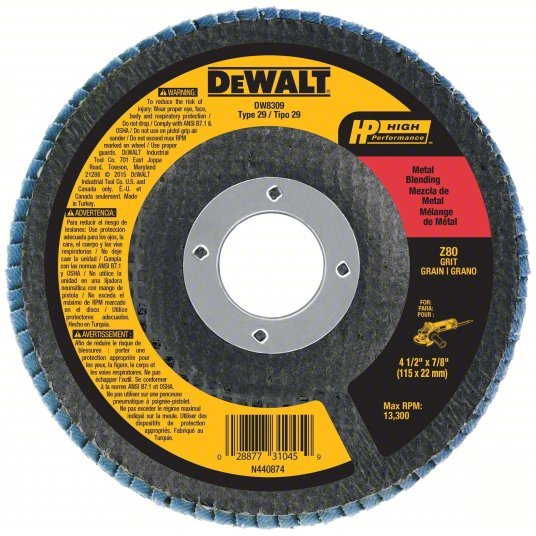 DeWalt DW8309 Flap Disc Type 29, 4 1/2 in x 7/8 in, Zirconia Alumina, 80 Grit, Fiberglass Bk, High Density - KVM Tools Inc.KV6HD53