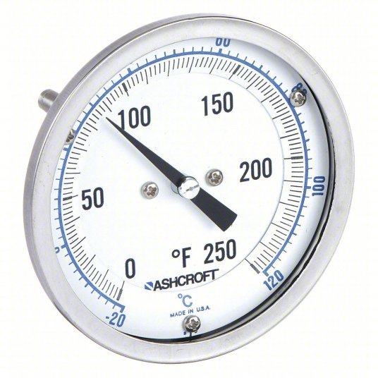 Ashcroft 30EI60R Dial Thermometer Back, 0° to 250°F/ - 20° to 120°C, 1/2 in NPT, 2.5 in Stem Lg, 3 in Dial Dia - KVM Tools Inc.KV33HT58