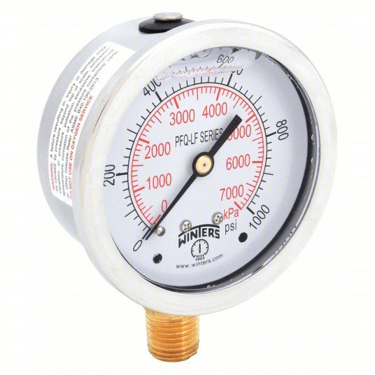 Winters PFQ809LF Lead - Free Pressure Gauge Liquid - Filled, 0 to 1,000 psi, 2 1/2 in Dial, 1/4 in NPT Male - KVM Tools Inc.KV36TW22