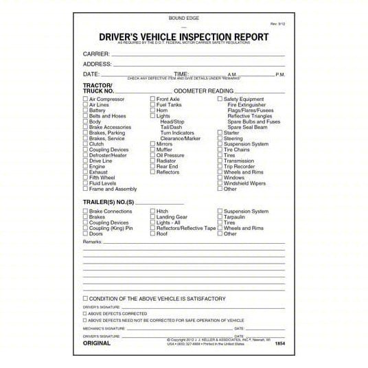 JJ Keller 1854 Carbonless, Driver Vehicle Inspection Report, 2 - Ply - KVM Tools Inc.KV38D297