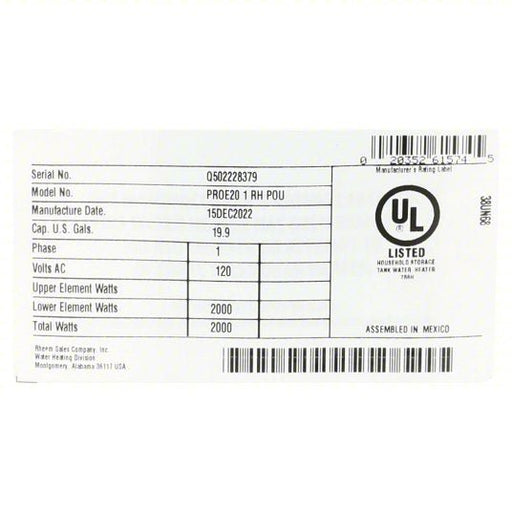 Rheem PROE20 1 RH POU Electric Water Heater 120V AC, 19.9 gal, 2,000 W, Single Phase, 25.25 in Ht, 20 gph @ 40°F - KVM Tools Inc.KV38UN68