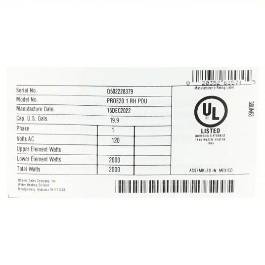 Rheem PROE20 1 RH POU Electric Water Heater 120V AC, 19.9 gal, 2,000 W, Single Phase, 25.25 in Ht, 20 gph @ 40°F - KVM Tools Inc.KV38UN68