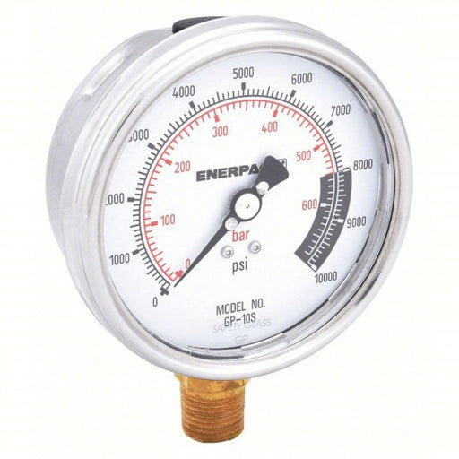 Enerpac GP10S Hydraulic Cylinder Pressure Gauge 0 to 10,000 psi psi, 4 in Dial, 1/2 in NPTF Male, Bottom - KVM Tools Inc.KV3KD63