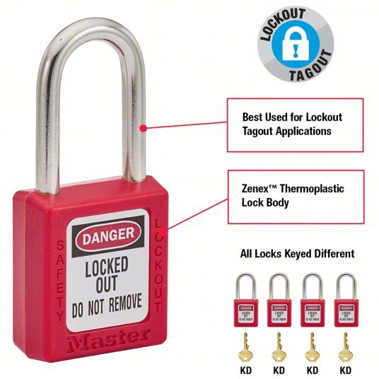 Master Lock 410RED Lockout Padlock Keyed Different, Thermoplastic, Std Body Body Size, Metal, Std, Red - KVM Tools Inc.KV4FG03