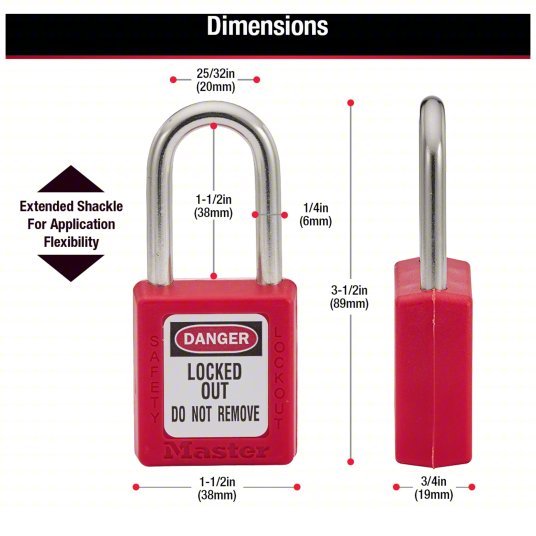 Master Lock 410RED Lockout Padlock Keyed Different, Thermoplastic, Std Body Body Size, Metal, Std, Red - KVM Tools Inc.KV4FG03