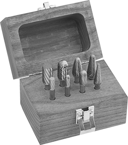 McMaster 4308A14 Carbide Bur Set with 1/4" Shank Diameter 8 Pieces, 1 - 3/4" to 3" Overall Length, Double Cut - KVM Tools Inc.KV4308A14