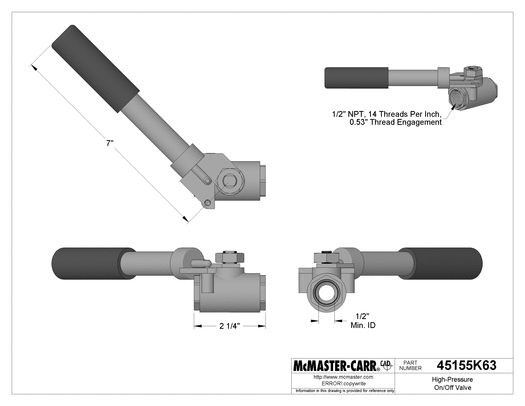 McMaster 45155K63 High-Pressure On/Off Valve with Spring-Close Lever Handle, Steel, 1/2 Pipe Size