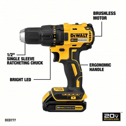 DeWalt DCD777C2 Drill 20V DC, Compact, 1/2 in Chuck, 1,750 RPM Max., Brushless Motor, (2) 1.5 Ah, 20V MAX - KVM Tools Inc.KV52HM43