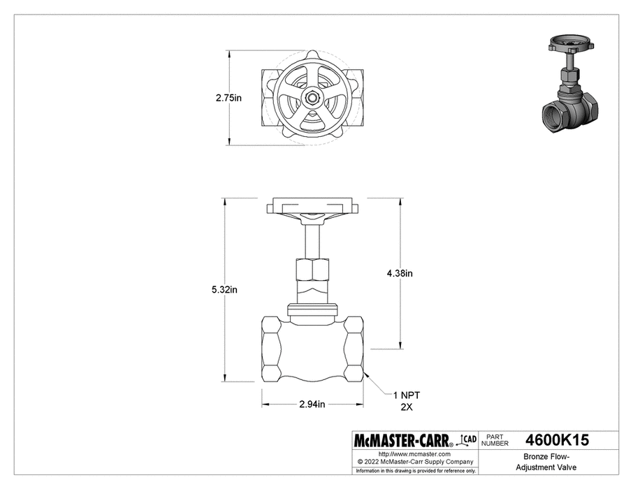 McMaster 4600K15 Bronze Flow - Adjustment Valve 1 In Class 125 - KVM Tools Inc.KV4600K15