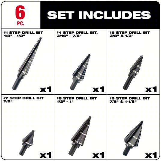 Milwaukee 48 - 89 - 9224 Step Drill Bit Set 39 Hole Sizes, 1/8 in to 1 1/8 in, Black Oxide Finish, Fractional Inch - KVM Tools Inc.KV19RK85