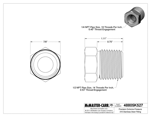 McMaster 48805K527 Precision Extreme-Pressure 316 Stainless Steel Fitting Bushing Reducing Adapter, 1/2 Male x 1/4 Female NPT