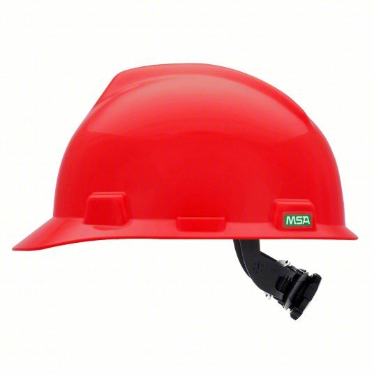 MSA 475363 Hard Hat Red, No Graphics, Ratchet (4-Point), Polyethylene, Side-Slots - KVM Tools Inc.KV4LN86