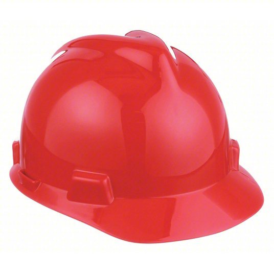 MSA 475363 Hard Hat Red, No Graphics, Ratchet (4-Point), Polyethylene, Side-Slots - KVM Tools Inc.KV4LN86