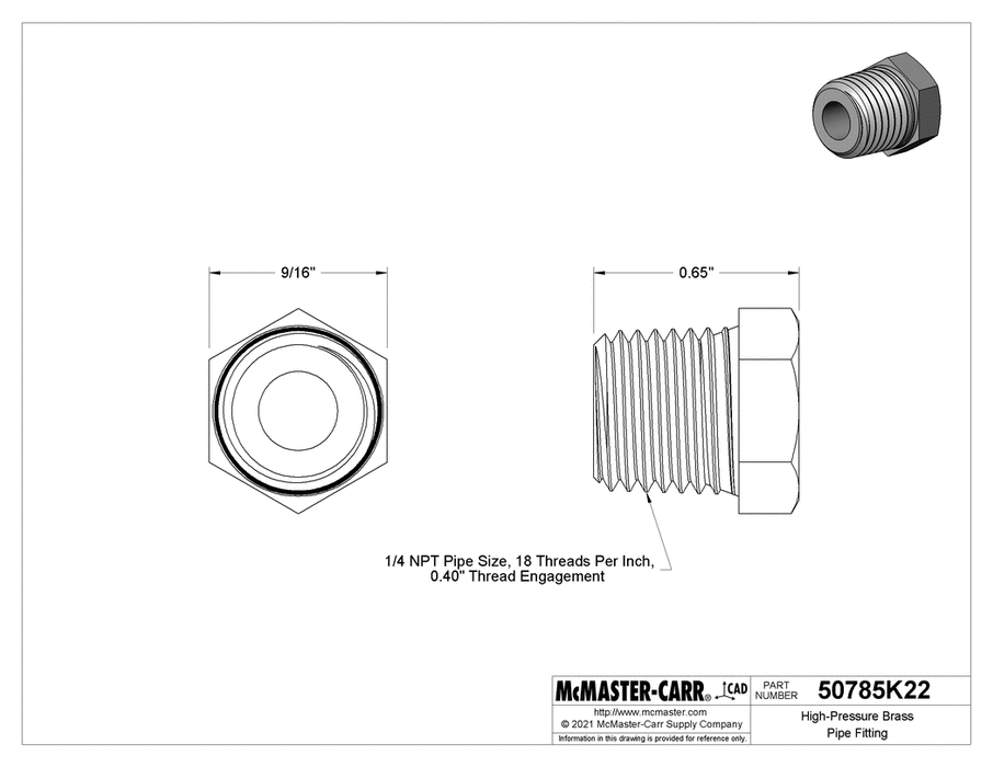 McMaster 50785K22 Hollow Plug with External Hex Drive, 1/4 NPT - KVM Tools Inc.KV50785K22