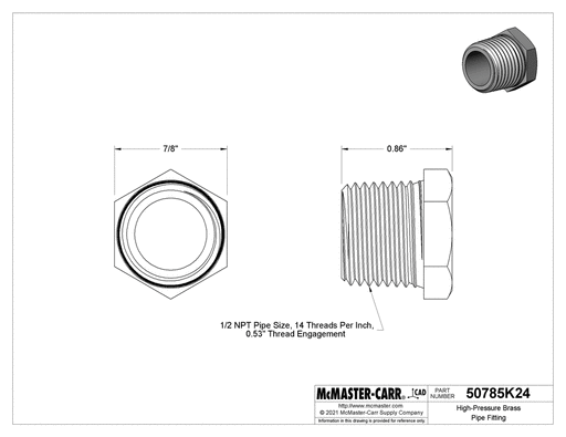 McMaster 50785K24 Hollow Plug with External Hex Drive, 1/2 NPT - KVM Tools Inc.KV50785K24