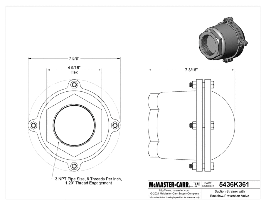 McMaster 5436K361 Suction Strainer with Backflow-Prevention Valve Iron 3 NPT Female Connection