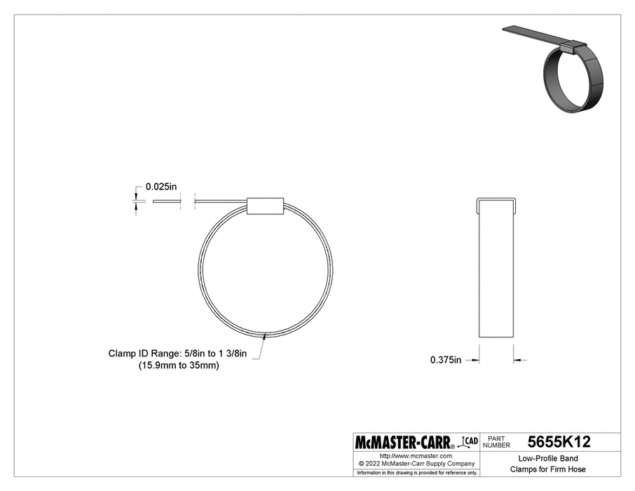 McMaster 5655K12 Low - Profile Band Clamps for Firm Hose, Galvanized Steel, 5/8 In to 1 - 3/8 In ID - KVM Tools Inc.KV5655K12