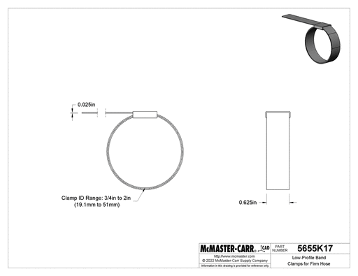 McMaster 5655K17 Low - Profile Band Clamps for Firm Hose, Galvanized Steel, 3/4 In to 2 In ID - KVM Tools Inc.KV5655K17