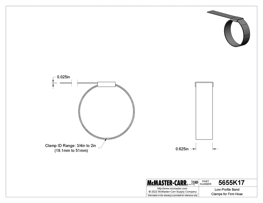 McMaster 5655K17 Low - Profile Band Clamps for Firm Hose, Galvanized Steel, 3/4 In to 2 In ID - KVM Tools Inc.KV5655K17