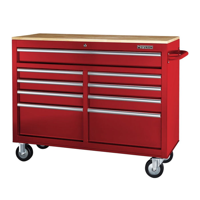 KVM Tools Yukon KV57805 46 in. 9 Drawer Mobile Storage Cabinet with Solid Wood Top, Red - KVM Tools Inc.KV57805