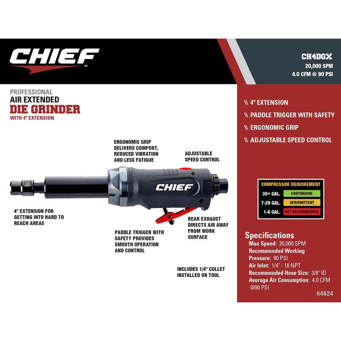 KVM Tools Chief CH4DGX Pneumatic 1/4 In. Professional Die Grinder with 4 In. Extension - KVM Tools Inc.KV64624