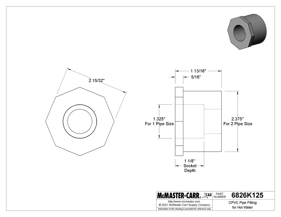 McMaster 6826K125 Bushing Reducing Adapter, 2 Socket Male x 1 Socket Female