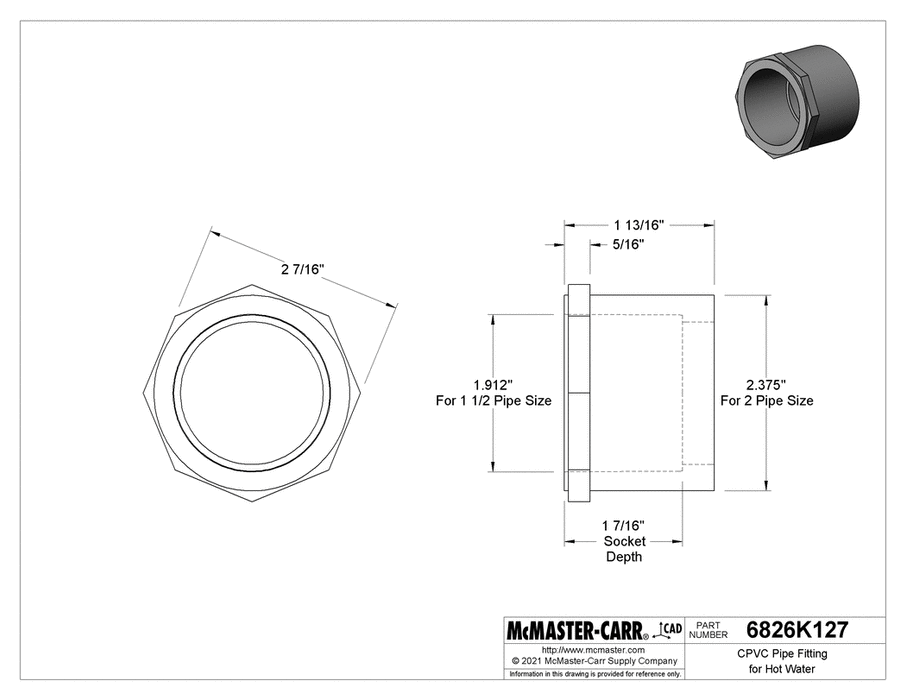 McMaster 6826K127 Bushing Adapter, 2 Socket Male x 1 - 1/2 Socket Female - KVM Tools Inc.KV6826K127