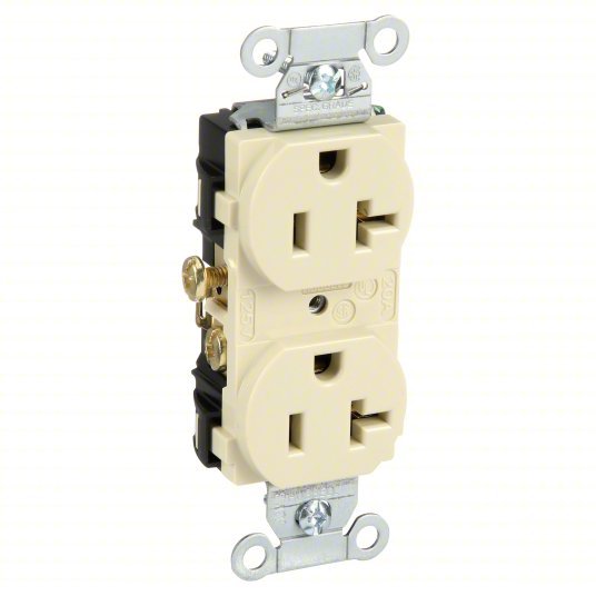 Hubbell CR20I Receptacle Duplex, 5-20R, 20 A, 125V AC, Ivory, 2 Poles, Screw Terminals, Std Resist, 5-20 - KVM Tools Inc.KV6A671