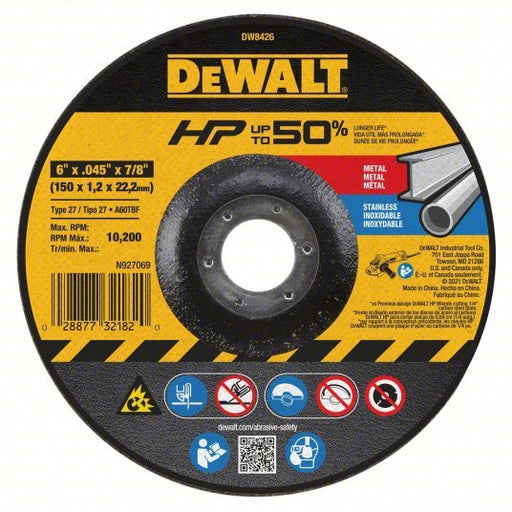 DeWalt DW8426 Depressed Center Cut - Off Wheel Type 27, 6 in x 0.045 in x 7/8 in, Aluminum Oxide, 60 Grit - KVM Tools Inc.KV6HD83