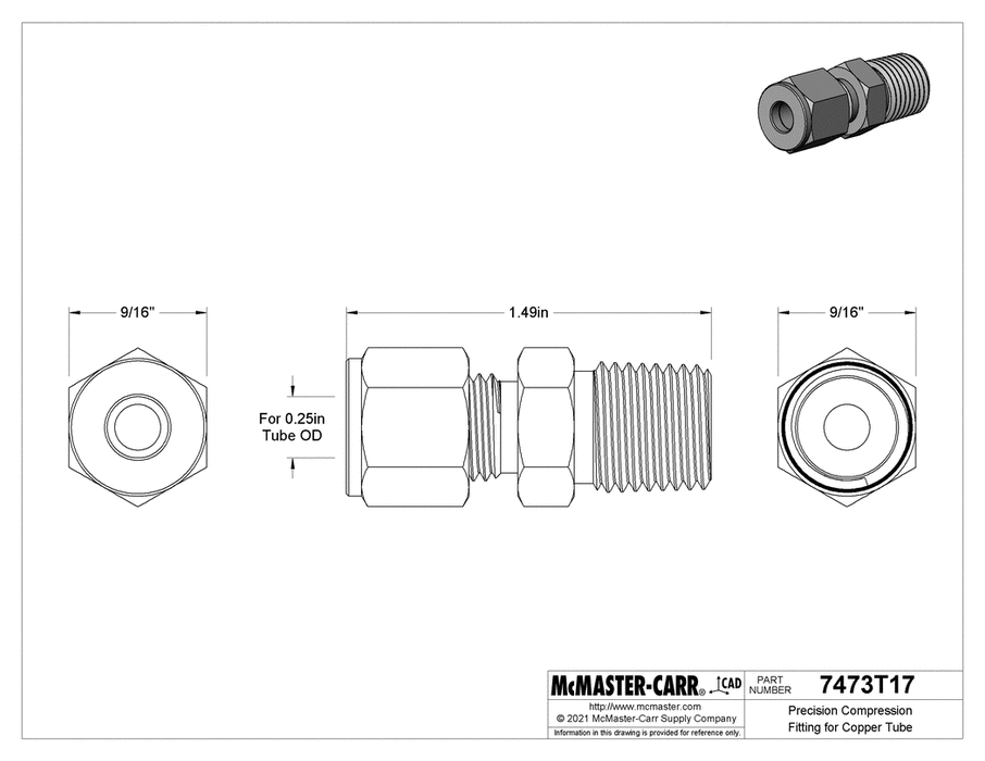 McMaster 7473T17 Straight Adapter for 1/4" Tube OD x 1/4 NPT Male