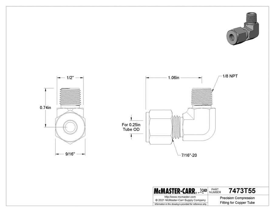 McMaster 7473T55 90 Degree Elbow Adapter for 1/4" Tube x 1/8 NPT Male