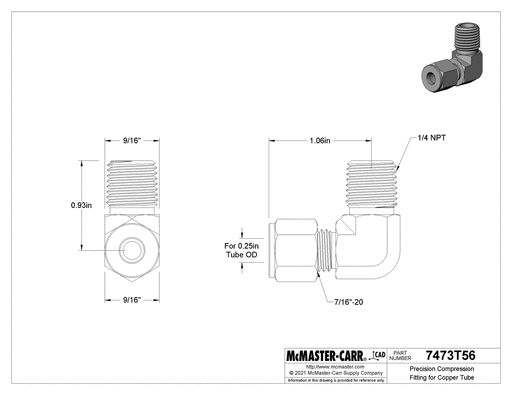 Mcmaster 7473T56 90 Degree Elbow Adapter for 1/4" Tube x 1/4 NPT Male - KVM Tools Inc.KV7473T56