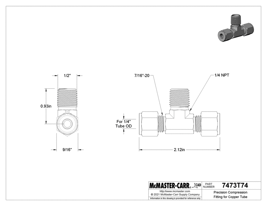 McMaster 7473T74 Inline Tee Adapter for 1/4" Tube OD x 1/4 NPT Male