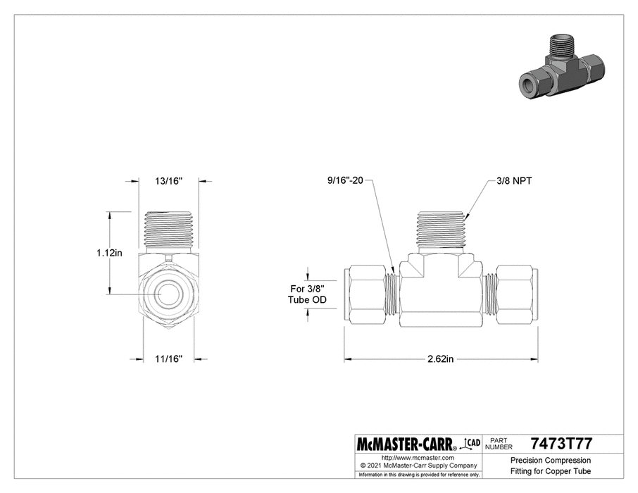 McMaster 7473T77 Inline Tee Adapter for 3/8" Tube OD x 3/8 NPT Male - KVM Tools Inc.KV7473T77