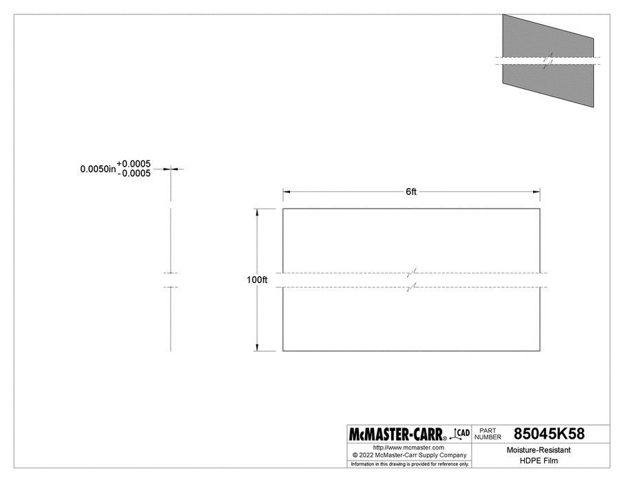 McMaster 85045K58 Moisture-Resistant Construction HDPE Film 6 Feet x 100 Feet x 0.005"