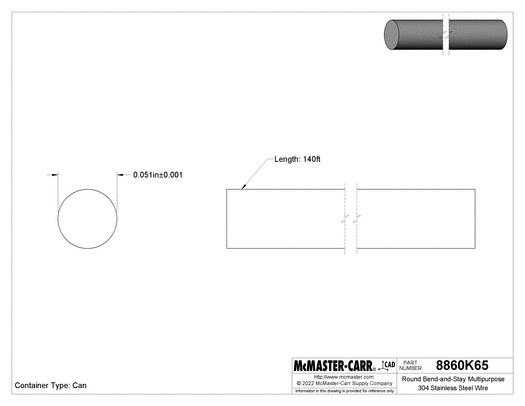 McMaster 8860K65 Round Bend-and-Stay Multipurpose 304 Stainless Steel Wire Matte Finish, 1-lb. Can, 0.051" Diameter