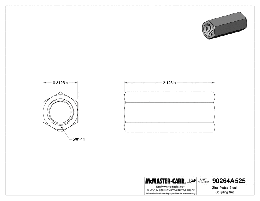 McMaster 90264A525 Zinc-Plated Steel Coupling Nut Low-Strength, 5/8"-11 Thread Size, 13/16" Wide