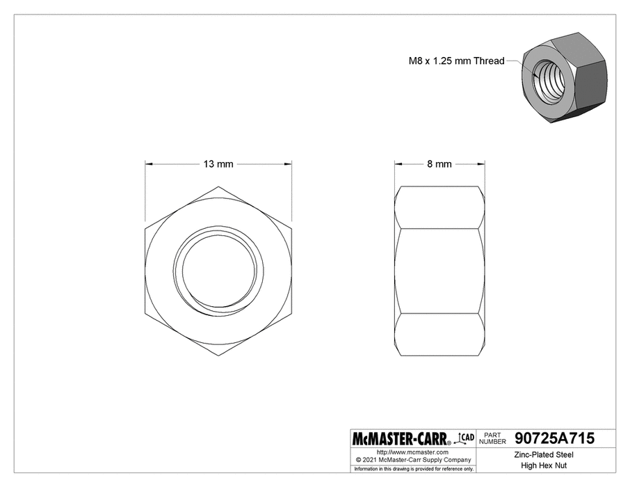 McMaster 90725A715 Zinc-Plated Steel High Hex Nut Class 8, M8 x 1.25 mm Thread PK50