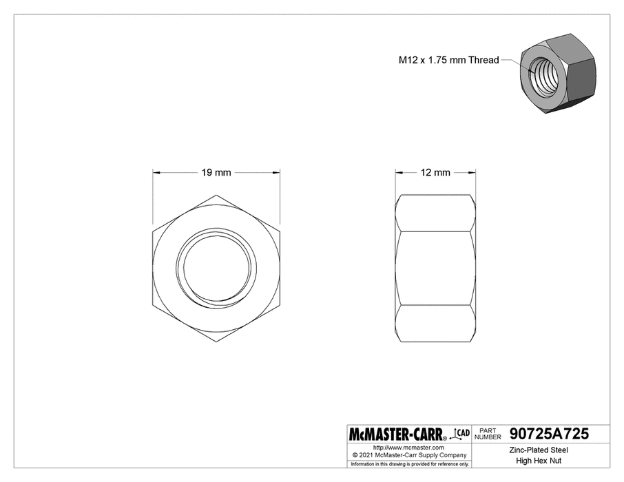 McMaster 90725A725 Zinc-Plated Steel High Hex Nut Class 8, M12 x 1.75 mm Thread PK10